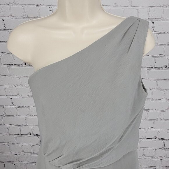 NWD David's Bridal Mercury Chiffon One Shoulder Pleated Short Lined Dress Size 8 - Picture 6 of 11